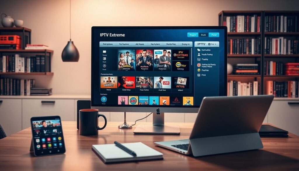 A sleek and modern workspace featuring a high-end computer screen displaying the IPTV Extreme interface, showcasing the differences between the Freeware and Pro versions. In the foreground, include detailed elements like a smartphone and a tablet showing various IPTV options. The middle layer should feature a stylish desk with a laptop, notebook, and a coffee mug. In the background, softly lit shelves lined with books about technology and entertainment, giving a sense of professionalism. Use warm lighting to create an inviting atmosphere, with a slight focus on the screen to highlight the software's features. The angle should be slightly above eye level, providing a clear view of the screen while capturing the engaging environment of the workspace.