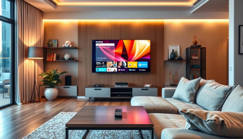 A sleek living room environment featuring a modern television displaying vibrant streaming content, showcasing the high-quality image of smartone IPTV. In the foreground, a stylish coffee table holds a remote, while a plush sofa is positioned at an inviting angle, suggesting comfort. The middle ground includes a wall-mounted TV reflecting vivid colors and sharp contrasts, with the streaming interface prominently visible, all illuminated by soft, warm lighting that creates a cozy atmosphere. The background has tasteful decor, such as bookshelves and art pieces, evoking a blend of sophistication and relaxation. Use a wide-angle perspective to capture the inviting layout of the space, ensuring clarity and detail in both the TV screen and the room’s ambiance. The overall mood should convey a sense of enjoyment and cutting-edge technology.