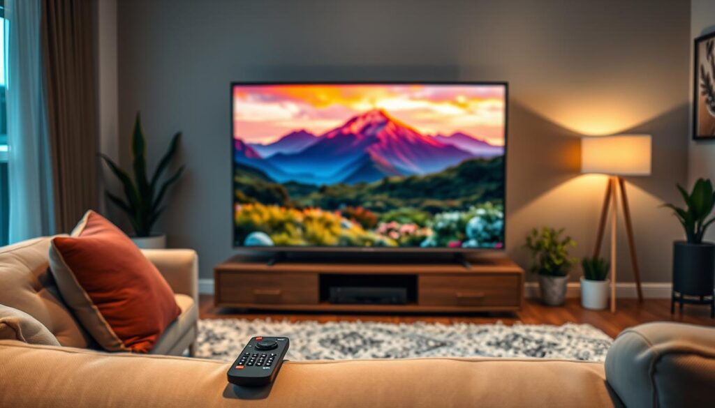 A sleek living room setting focused on a modern flat-screen TV displaying high-definition IPTV content, with vibrant colors and sharp details. In the foreground, a comfortable sofa with a remote control rests on a plush rug. In the middle ground, the TV screen showcases a captivating nature documentary, reflecting excellent image quality with clear, vivid scenes that evoke a sense of realism. The background features tastefully decorated walls with a few plants, adding to a cozy atmosphere. Soft, warm lighting from a nearby lamp creates an inviting mood, while a subtle gradient in the room's ambiance reflects streaming stability. The camera angle captures the scene from a slightly elevated perspective, highlighting both the TV and the inviting space around it.