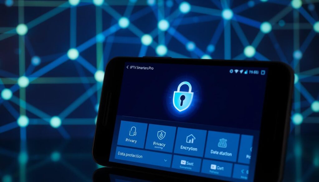 A sleek, modern digital interface displaying the IPTV Smarters Pro app on an Android device, positioned prominently in the foreground. The device's screen shows a vibrant, user-friendly layout emphasizing privacy settings and security features, with icons representing encryption and data protection. In the middle ground, there is a symbolic lock and shield graphic to signify security and privacy, illuminated with soft blue and green lighting for a tech-savvy atmosphere. The background features an abstract representation of a digital network, with lines and nodes glowing elegantly, conveying a sense of connectivity and modern technology. The overall mood is professional and reassuring, depicting a safe and reliable digital environment.