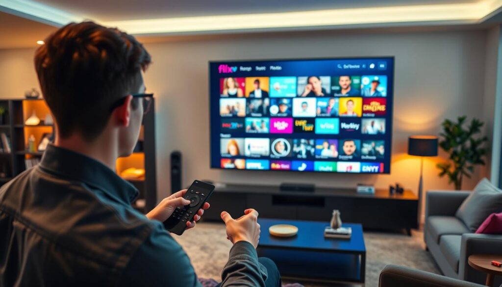 A sleek, modern living room depicting a user interacting with Flix IPTV on a large flat-screen TV. The foreground features a young adult, dressed in smart casual attire, holding a remote control, intently analyzing the dynamic interface showcasing various German live-TV channels. In the middle ground, the TV displays vibrant thumbnails of different channels, highlighting the diversity of content available. The background reveals a stylish bookshelf and cozy furniture, with warm ambient lighting creating a relaxed atmosphere. The scene captures the essence of an engaging user experience in streaming, emphasizing technology and comfort in a contemporary home setting.