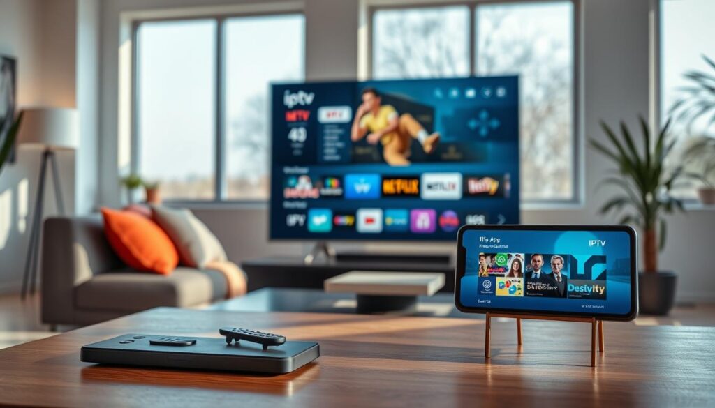 A sleek, modern living room featuring a large, high-definition 4K TV displaying various IPTV app icons on the screen. In the foreground, a stylish coffee table with a remote control and a smartphone showing a streaming app interface. The middle ground includes a comfortable sofa adorned with colorful cushions, creating an inviting atmosphere. In the background, large windows let in natural light, enhancing the cozy ambiance with soft shadows. The overall mood is tech-savvy and contemporary, showcasing the latest in streaming technology. The focus is sharp, with a slight depth of field blurring the background, emphasizing the IPTV apps on the TV screen.