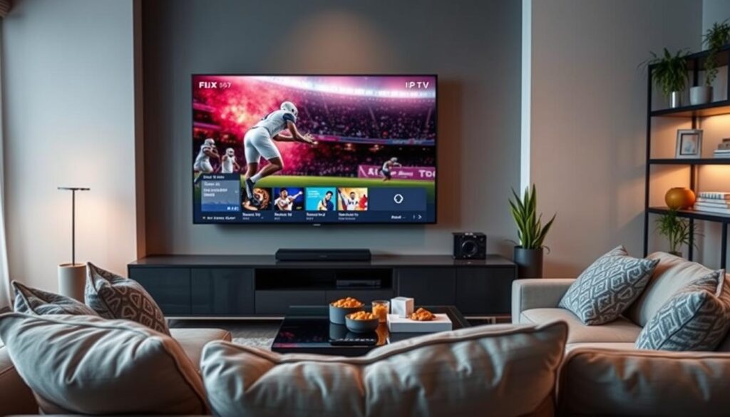 A sleek, modern living room setting featuring a large flat-screen television displaying crisp, vibrant images from a Flix IPTV interface. In the foreground, a comfortable sofa with decorative pillows invites viewers to watch. The middle ground showcases the TV showcasing a high-definition sports scene with dynamic action and vivid colors that highlight the quality of the image. Soft, ambient lighting creates a warm atmosphere, suggesting evening relaxation. A stylish coffee table with remote controls and snacks complements the scene. In the background, subtle details like indoor plants and shelves with media items enhance the setting, conveying a feeling of modern comfort and technology. The overall mood is inviting and tech-savvy, emphasizing video quality and performance.