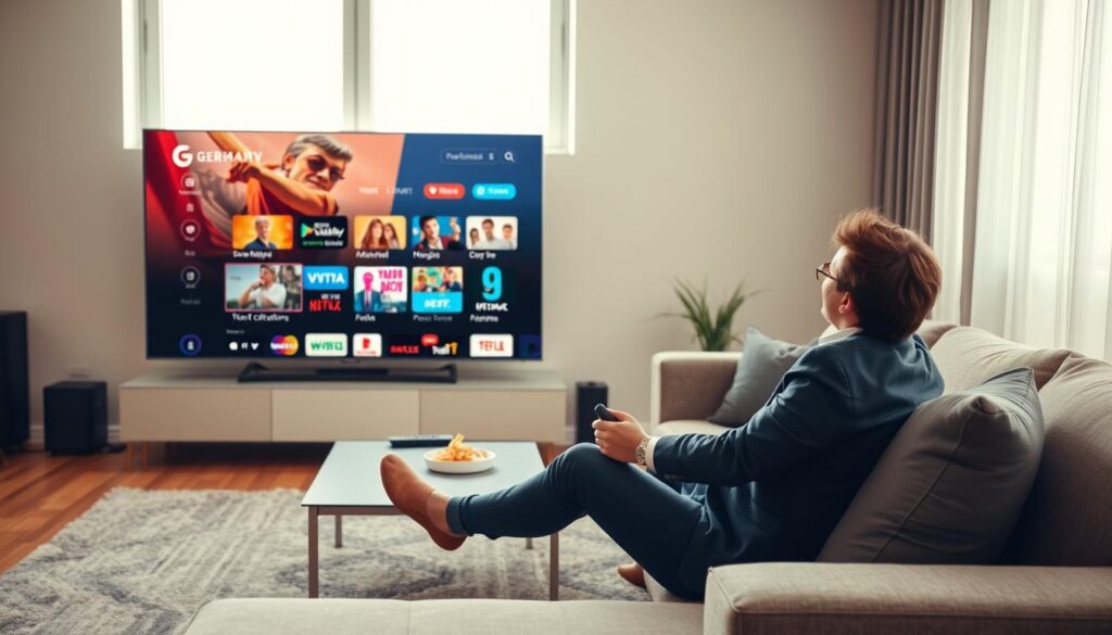 A sleek, modern living room setting with a large flat-screen TV showcasing a vibrant Germany IPTV interface, displaying various channels and content options. In the foreground, a young professional in smart casual attire sits comfortably on a stylish couch, immersed in the viewing experience. In the middle, a coffee table holds snacks and a remote, symbolizing relaxation. The background features a window with natural light streaming in, illuminating the room and creating a warm, inviting atmosphere. The overall mood conveys the convenience and advantages of streaming IPTV over traditional cable TV, highlighting seamless connectivity and diverse programming. Use soft lighting to enhance the cozy feel and capture a wide-angle perspective for depth. A sleek, modern living room setting with a large flat-screen TV showcasing a vibrant Germany IPTV interface, displaying various channels and content options. In the foreground, a young professional in smart casual attire sits comfortably on a stylish couch, immersed in the viewing experience. In the middle, a coffee table holds snacks and a remote, symbolizing relaxation. The background features a window with natural light streaming in, illuminating the room and creating a warm, inviting atmosphere. The overall mood conveys the convenience and advantages of streaming IPTV over traditional cable TV, highlighting seamless connectivity and diverse programming. Use soft lighting to enhance the cozy feel and capture a wide-angle perspective for depth.