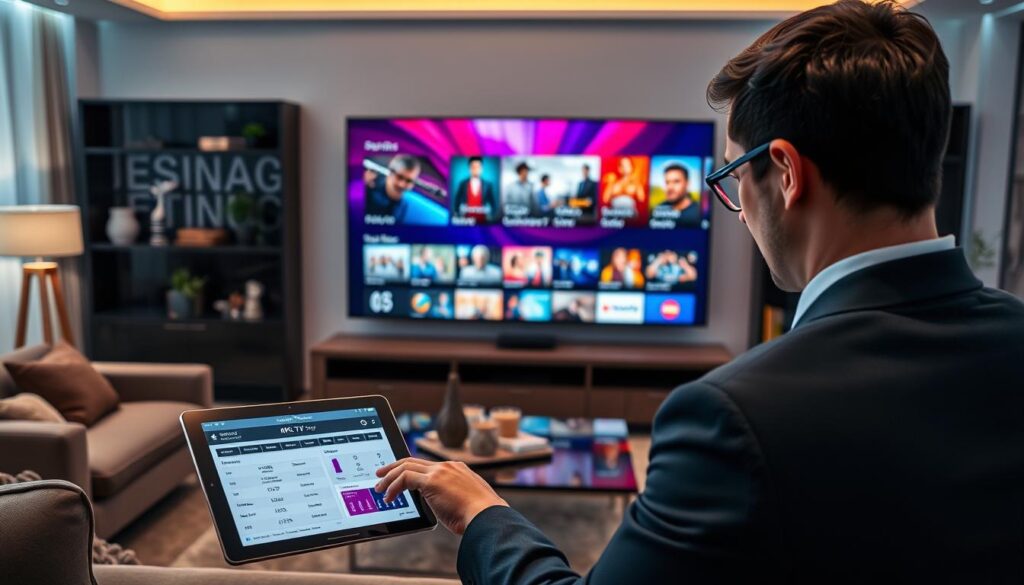 A sleek, modern living room showcasing a large 4K television displaying vibrant IPTV content, symbolizing the best 4K IPTV providers. In the foreground, a person in professional attire is intently examining a tablet with IPTV comparison charts, illustrating features and pricing. The middle ground features the TV prominently, with a crisp image of vivid colors, displaying a blend of popular shows and channels. The background has soft, ambient lighting that creates a cozy atmosphere, with stylish furniture and decorative elements that suggest a high-tech yet welcoming environment. The overall mood is one of sophistication and modernity, with a focus on quality entertainment experiences.