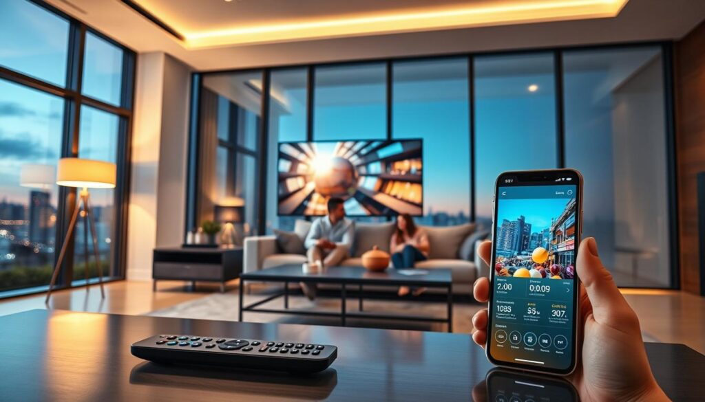 A sleek, modern living room with a high-definition television displaying a vibrant scene from an IPTV broadcast, showcasing crisp image quality. In the foreground, a remote control lies on a stylish coffee table, while a smartphone reflects the app interface with technical performance metrics. The middle ground features an elegant sofa with a family enjoying the viewing experience, dressed in casual yet tidy clothing, emphasizing a relaxed atmosphere. Soft, warm lighting from a floor lamp enhances the inviting mood, and large windows reveal a cityscape at dusk in the background. The overall composition should highlight clarity, color vibrancy, and the technological sophistication of IPTV, creating an engaging visual narrative about picture quality and performance.