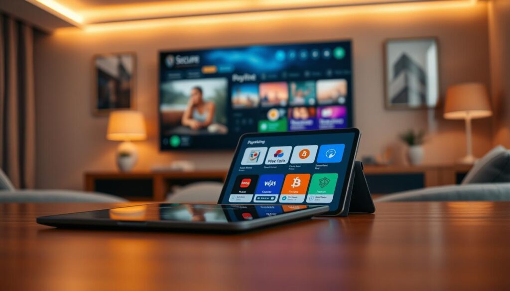A sleek, modern payment interface displayed on a high-resolution screen while showcasing vibrant visuals of streaming options. The foreground features a close-up of a user-friendly digital wallet application, emphasizing various payment methods like credit cards, PayPal, and cryptocurrency icons. In the middle, a stylish tablet sits on a polished wooden desk, reflecting a warm glow from overhead LED lights, enhancing the image's inviting atmosphere. The background includes a subtle representation of a living room with a large TV showcasing an 8K streaming experience, exuding a sense of comfort and modern technology. Soft focus on the background, with a smooth bokeh effect to draw attention to the payment methods. The overall mood is secure, innovative, and user-friendly.