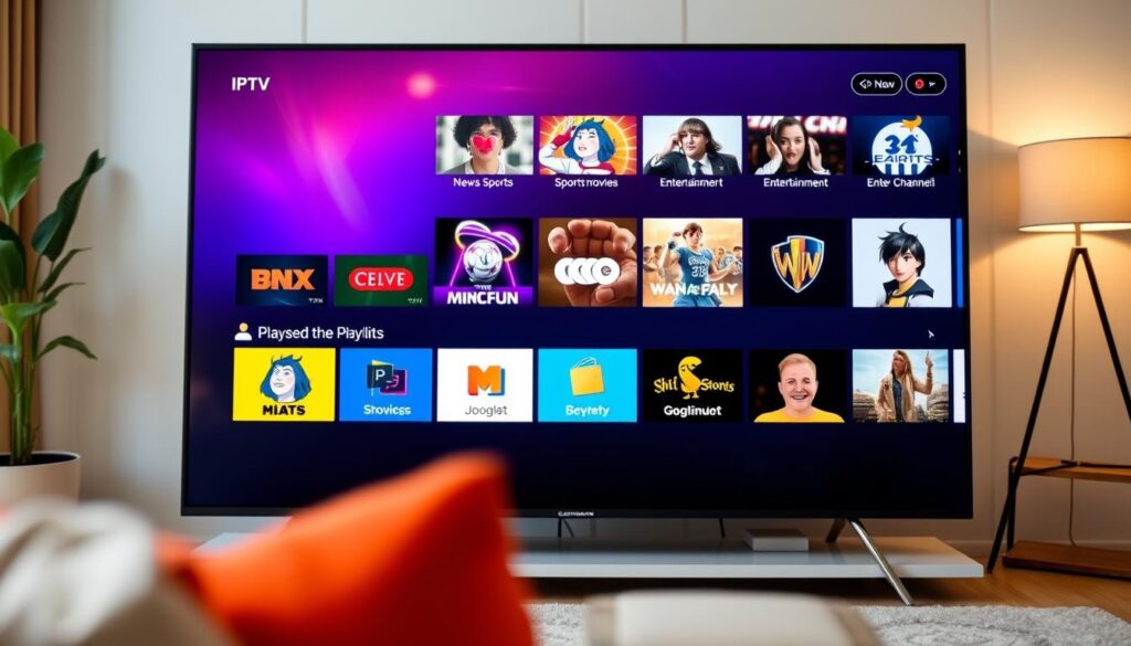 A sleek, modern user interface of an IPTV app displaying a vibrant selection of channels and playlists on a smart TV screen. In the foreground, the app features a colorful grid layout showcasing various channel logos, including news, sports, movies, and entertainment. In the middle layer, there are playful, animated icons indicating playlist options, enhancing user interaction. The background is a cozy living room setting with soft lighting, emphasizing a relaxed atmosphere. The angle is slightly tilted to capture both the TV screen and the surrounding decor, suggesting an inviting ambiance. The image should evoke a sense of accessibility and variety in content available for users in Germany.