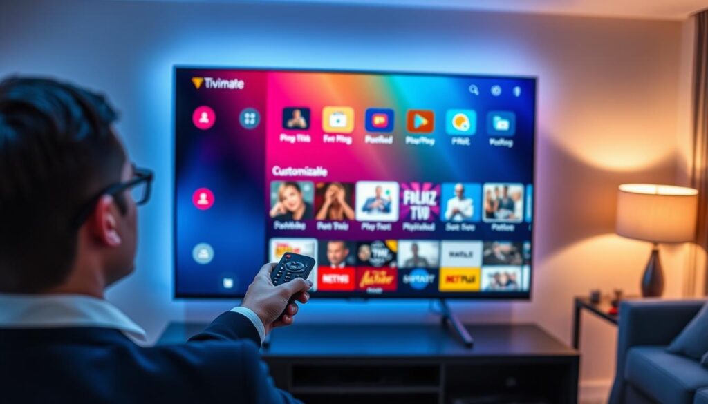 A stylish digital workspace showcasing the Tivimate IPTV Player interface on a sleek modern TV screen, vivid colors highlighting its features. In the foreground, a person in professional business attire, attentively interacting with the remote control, navigating the IPTV menus. The middle ground reveals the TV interface displaying diverse streaming options, customizable playlists, and an intuitive layout, all brought to life with vibrant graphics. In the background, a cozy living room setting with soft ambient lighting that creates a warm, inviting atmosphere. The angle captures a slight bird's-eye view of the scene, emphasizing both the person’s engagement and the screen's functionality, conveying a sense of advanced technology and seamless user experience.