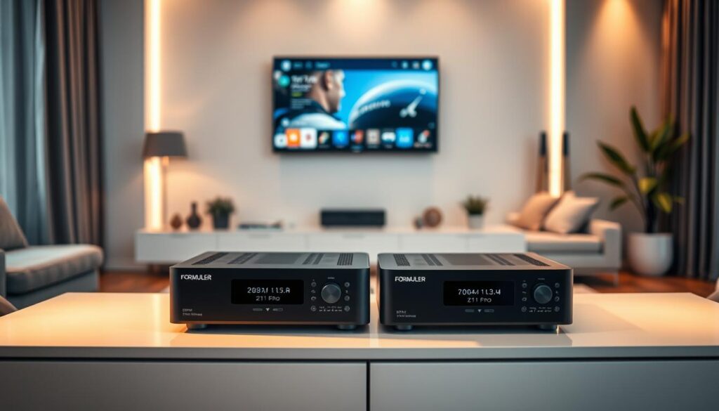 A stylish living room showcasing the Formuler Z11 Pro and Z11 Pro Max IPTV receivers prominently displayed on a sleek modern media console. In the foreground, the receivers are illuminated with soft, warm lighting to highlight their elegant design. The middle ground features a flat-screen TV mounted on the wall, displaying high-definition content, creating an inviting atmosphere. In the background, subtle hints of contemporary décor, such as a cozy sofa and decorative plants, enhance the modern vibe. The scene is captured from a slight angle to emphasize depth, using a clear lens that maintains focus on the receivers while softly blurring the background. The overall mood is sophisticated and tech-savvy, perfect for illustrating a top-of-the-line viewing experience at home.