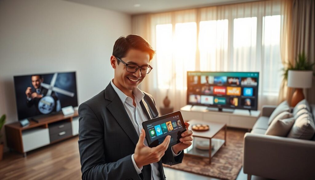 A vibrant and inviting scene depicting an exclusive offer and free trial phase for IPTV services in Germany. In the foreground, a professional-looking person in business attire, smiling and engaging with a tablet, showcasing an interface of streaming options. The middle layer features a modern living room with a stylish sofa, a large TV displaying various streaming icons, and subtle hints of a cozy ambiance. The background reveals a sunny window with sheer curtains, casting warm daylight across the room. The overall atmosphere should evoke a sense of excitement and opportunity, highlighting the ease of accessing exclusive content. Soft, natural lighting should enhance the welcoming feel, while the angle captures an inviting perspective of the space.