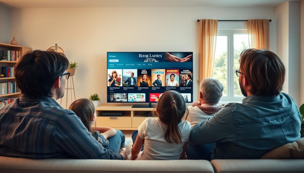 A vibrant living room scene showcasing a family engaging with IPTV content in Germany. In the foreground, a diverse family of four, professionally dressed in relaxed, casual clothing, sits on a comfortable couch, their attention drawn toward a large high-definition TV displaying a colorful selection of German films and shows. The middle layer features streaming icons and thumbnails of popular German content like dramas, comedies, and documentaries, subtly integrated into the design. In the background, decorative elements like a bookshelf filled with DVDs and a window revealing a sunny day outside enhance the atmosphere. Warm, natural lighting floods the room, creating a cozy and inviting mood. The angle captures the excitement and connection of family entertainment through modern streaming technology.