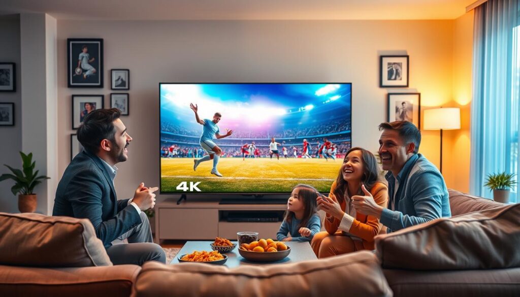 A vibrant living room setting featuring a stylish, modern flat-screen TV displaying stunning 4K live sports action, such as a thrilling football match with players intensely focused. In the foreground, a family of three—two adults in smart casual attire and a child—are joyfully cheering while enjoying snacks, radiating excitement and bonding moments. The middle ground emphasizes the luxurious comfort of the room, with plush furniture and ambient lighting that casts a warm glow. The background subtly showcases decorative elements like framed sports memorabilia and house plants, enhancing the atmosphere of a lively sports-watching experience. The overall mood is one of enthusiasm and connectivity, symbolizing the essence of exclusive content in 4K quality.