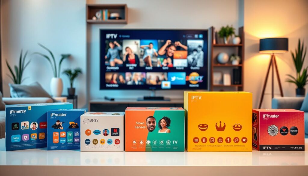 A visually appealing arrangement of various IPTV packages displayed on a sleek, modern table in a well-lit living room setting. In the foreground, there are several boxes with distinct colors and designs representing different IPTV subscription options, each featuring icons symbolizing channels, streaming services, and features. In the middle ground, a stylish smart TV showcases vivid imagery of diverse shows and movies being streamed seamlessly. The background features a cozy sofa and decorative elements like plants and bookshelves, creating an inviting atmosphere. The lighting is warm and soft, emphasizing a comfortable viewing experience. The overall mood should convey excitement and convenience in navigating IPTV options, aligned with a professional and informative ambiance, without any text or branding visible.