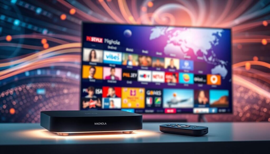 A visually captivating representation of "Magnolia IPTV" for global access, highlighting a curated selection of channels. In the foreground, display a sleek, modern IPTV streaming device with a subtle glow emanating from it. In the middle ground, include a large, vibrant screen showcasing an array of diverse TV channels, illustrating various global cultures and languages. The background features an abstract digital landscape, symbolizing connectivity and technology, with swirling data streams and soft glowing lights. The lighting is soft yet bright, with a slight focus on the device and screen to create an inviting and engaging atmosphere. The composition should convey innovation, access to a wide array of content, and a sense of global community while maintaining a professional tone.