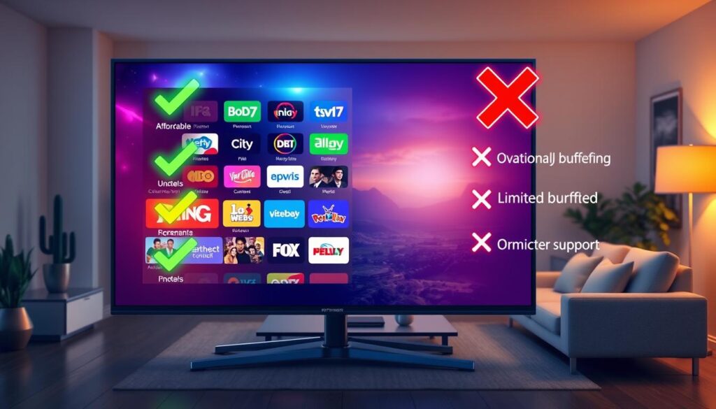 A visually engaging and informative illustration depicting the advantages and disadvantages of IPTV Smarters Pro in 2026. In the foreground, a sleek, modern TV screen displays a vibrant interface filled with icons representing various streaming channels. On the left side, highlight glowing green checkmarks symbolizing benefits, such as affordability, variety of content, and user-friendly interface. On the right side, contrasting red X marks indicate drawbacks, such as occasional buffering and limited customer support. In the middle ground, a stylish living room setting with a comfortable couch and decorative elements, bathed in warm, soft lighting. The background features a subtle representation of a digital landscape, hinting at technological advancements. Capture an atmosphere of modern convenience and innovation, emphasizing the dual nature of the IPTV Smarters Pro experience.