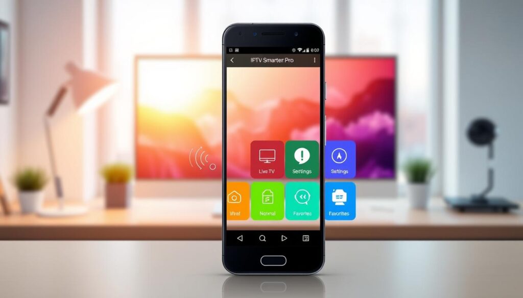 A visually engaging and informative illustration of the main features of the IPTV Smarters Pro app. In the foreground, showcase an open smartphone displaying the IPTV Smarters Pro interface, highlighting its user-friendly layout with vibrant icons representing functions like live TV, settings, and a favorites list. In the middle ground, add subtle graphic elements like digital streaming waves or connection symbols to emphasize IPTV technology. In the background, a soft-focus workspace with a blurred monitor could represent modern technology and productivity. The lighting should be bright and inviting, simulating a warm, professional office ambiance. The overall mood should evoke a sense of innovation and efficiency, perfect for highlighting a contemporary app.