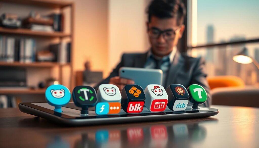 A visually engaging composition depicting various player apps popular on Reddit, arranged on a sleek, modern digital device like a tablet. In the foreground, focus on colorful icons representing different IPTV player apps surrounded by a soft glow, symbolizing their recognition and popularity. The middle layer features a stylish, blurred office setting with a person of Asian descent in professional attire, attentively browsing the apps on the device, reflecting a sense of expertise and engagement. The background includes a shelf with tech books and a subtle window view of a city skyline, illuminated by warm, natural light to create an inviting atmosphere. The overall mood is informative and professional, emphasizing trust and expertise in the realm of IPTV applications.