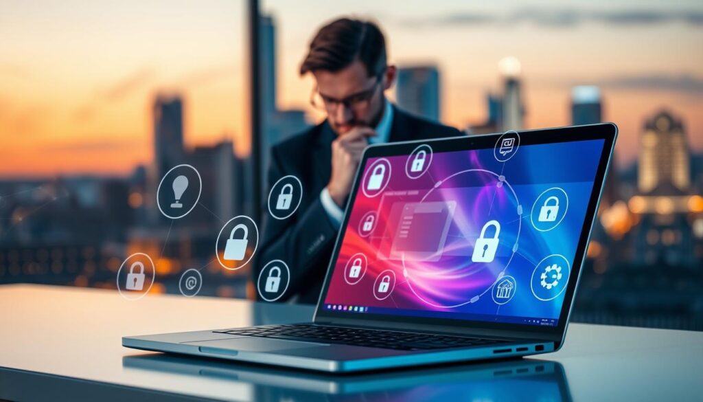 A visually engaging depiction of "Data Protection and Security in IPTV Smarters Pro." In the foreground, a sleek, modern laptop displays a vibrant interface of the IPTV Smarters Pro application, surrounded by digital icons representing secure connections, encryption, and privacy features. The middle layer features a professional individual in business attire, thoughtfully analyzing data on the laptop screen, conveying a sense of focus and diligence. In the background, a blurred city skyline at twilight, illuminated by soft lights, symbolizes connectivity and modern technology. The setting is illuminated by soft, ambient lighting that casts a warm glow, creating a safe and reassuring atmosphere, emphasizing the topic of privacy and data security.
