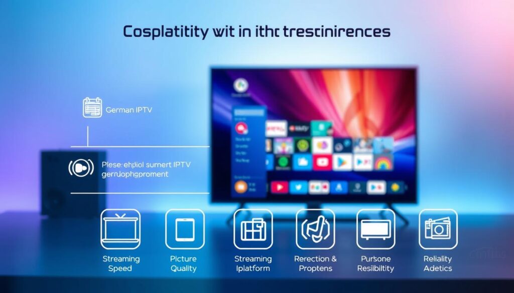 A visually engaging infographic-style image representing the quality characteristics of German IPTV services. In the foreground, include simplified icons or illustrations symbolizing key features like streaming speed, picture quality, and reliability, arranged in a clear layout. In the middle ground, display a sleek tablet or smart TV showcasing various streaming platforms, with vivid colors and a high-resolution interface. The background should feature a soft gradient of blue and white, evoking a tech-savvy atmosphere. Use bright and balanced lighting to highlight the details, creating a professional yet inviting mood. The composition should feel modern and informative, perfect for illustrating a tech-related article.