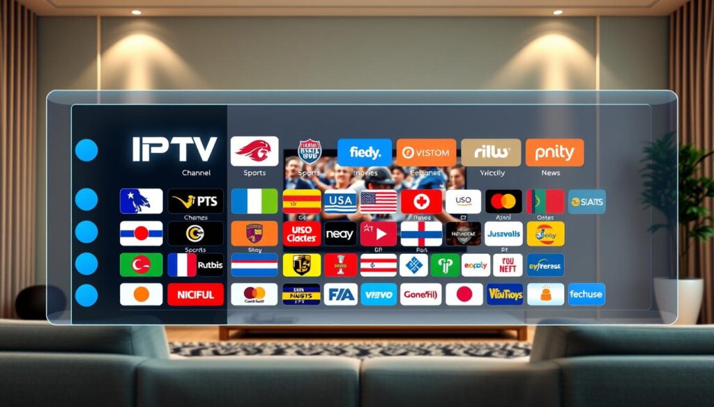 A visually striking and informative image representing a comparison of IPTV channel offerings. In the foreground, create a sleek digital interface displaying various IPTV channel logos, including prominent national and international flags next to each logo, showcasing a diverse selection of genres like sports, movies, and news. In the middle ground, an elegant, stylish living room with a modern TV prominently featuring a screen showcasing the IPTV service in action, vibrant colors symbolizing quality. In the background, soft diffused lighting to create a warm, inviting atmosphere. Use a wide-angle lens perspective to capture the entire scene, emphasizing both the digital content and the cozy environment. The overall mood should be one of convenience and variety, inviting viewers to explore the IPTV options available.