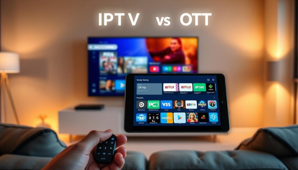 A visually striking comparison image illustrating the differences between IPTV and OTT. In the foreground, depict a modern living room with a stylish TV showcasing IPTV content, featuring a sleek remote control and a user-friendly interface. In the middle, place a tablet or smartphone streaming OTT content, highlighting popular app icons. The background should feature a subtle blend of warm and cool tones, symbolizing the connection and contrast between the two technologies. Use soft, diffused lighting to create a cozy atmosphere, with a slight depth of field effect to keep focus on the devices. The overall mood should be informative yet inviting, appealing to users looking to understand their options in modern entertainment. A visually striking comparison image illustrating the differences between IPTV and OTT. In the foreground, depict a modern living room with a stylish TV showcasing IPTV content, featuring a sleek remote control and a user-friendly interface. In the middle, place a tablet or smartphone streaming OTT content, highlighting popular app icons. The background should feature a subtle blend of warm and cool tones, symbolizing the connection and contrast between the two technologies. Use soft, diffused lighting to create a cozy atmosphere, with a slight depth of field effect to keep focus on the devices. The overall mood should be informative yet inviting, appealing to users looking to understand their options in modern entertainment.