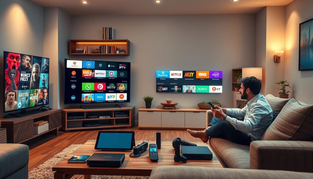 A visually striking digital artwork showcasing a modern living room environment focused on IPTV streaming and user experiences. In the foreground, a sleek, flat-screen TV displays a vibrant array of diverse streaming services. A person in smart casual attire is seated on a comfortable sofa, engrossed in their entertainment options, holding a remote control. In the middle ground, a coffee table displays an array of digital gadgets, such as a tablet, smartphone, and streaming devices, symbolizing technology integration. The background features a cozy ambiance with warm lighting and decorative elements, like bookshelves and plants. Overall, the atmosphere conveys excitement and engagement, inviting viewers to explore the world of IPTV through community-driven insights. The scene is captured from a slightly elevated angle to provide depth and perspective, highlighting the contemporary interior design.