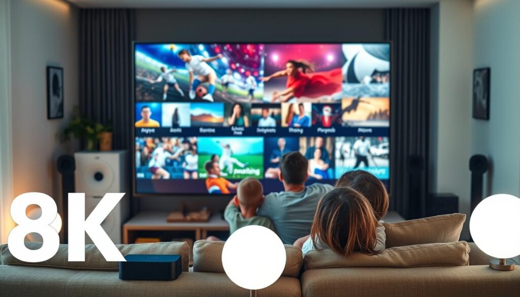 A visually striking image showcasing the advantages of IPTV German 8K over traditional TV providers. In the foreground, a modern living room environment with a sleek 8K television displaying vibrant, crystal-clear images of diverse content – movies, sports, and documentaries. In the middle ground, a comfortable couch with a family enjoying immersive viewing, their expressions full of wonder and excitement. The background features subtle elements indicating a cozy, tech-savvy home, such as streaming devices, sound systems, and ambient lighting that creates a warm, inviting atmosphere. Use soft, natural light to enhance the scene, and focus on capturing a sense of futuristic convenience and high-quality entertainment. The angle should be slightly elevated to encompass all elements harmoniously. A visually striking image showcasing the advantages of IPTV German 8K over traditional TV providers. In the foreground, a modern living room environment with a sleek 8K television displaying vibrant, crystal-clear images of diverse content – movies, sports, and documentaries. In the middle ground, a comfortable couch with a family enjoying immersive viewing, their expressions full of wonder and excitement. The background features subtle elements indicating a cozy, tech-savvy home, such as streaming devices, sound systems, and ambient lighting that creates a warm, inviting atmosphere. Use soft, natural light to enhance the scene, and focus on capturing a sense of futuristic convenience and high-quality entertainment. The angle should be slightly elevated to encompass all elements harmoniously.