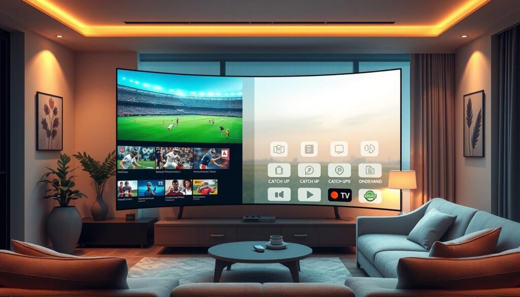 An advanced digital illustration showcasing the features of the EagleCast TV streaming service. In the foreground, depict a sleek, modern user interface on a large, curved screen displaying multiple live streams in a multi-view layout, featuring diverse sports events. In the middle ground, include visual elements representing catch-up features, such as icons for recorded shows and on-demand options. The background should portray a contemporary living room with cozy seating and ambient lighting that creates a comfortable atmosphere. Use soft, warm lighting to enhance the inviting feel of the scene and emphasize the high-tech nature of the service. Capture the essence of cutting-edge technology and user-friendly design, highlighting a seamless streaming experience.