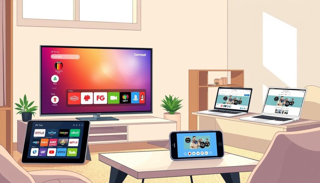 An illustration showing various devices compatible with IPTV services in a cozy, modern living room setting. In the foreground, a sleek smart TV displays a vibrant streaming interface with icons of popular German channels. Beside it, a tablet is streaming content, and on a nearby coffee table, a smartphone shows a video call feature. In the middle background, a laptop is open, showcasing the IPTV website. Soft, natural lighting filters through a window, casting gentle shadows. The atmosphere is welcoming and tech-savvy, suggesting a seamless integration of IPTV across devices. Capture the scene from a slightly elevated angle to include all devices and emphasize the connected lifestyle.