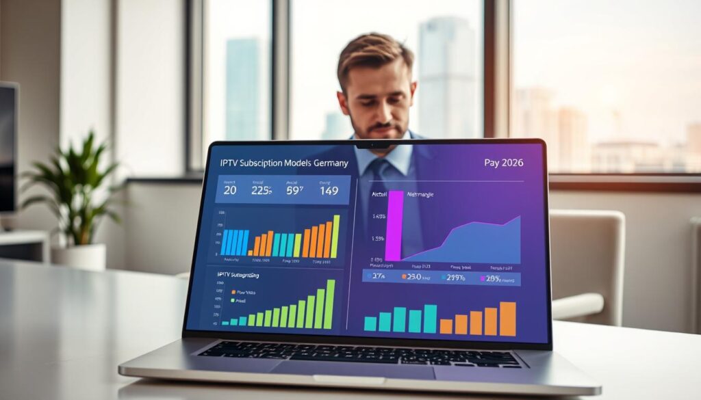 An informative digital illustration depicting IPTV pricing models in Germany for the year 2026. In the foreground, a sleek modern laptop displays colorful graphs and data related to IPTV subscription prices and payment options, symbolizing various models like monthly, annual, and pay-per-view. The middle ground features a professional looking person in business attire analyzing the information, their expression focused and engaged. In the background, a minimalist office setting with soft, natural lighting, including a large window that shows a cityscape, suggests a contemporary and vibrant atmosphere. Angle the shot to highlight the laptop screen and the individual, conveying a sense of professionalism and tech-savvy insight into modern entertainment trends.
