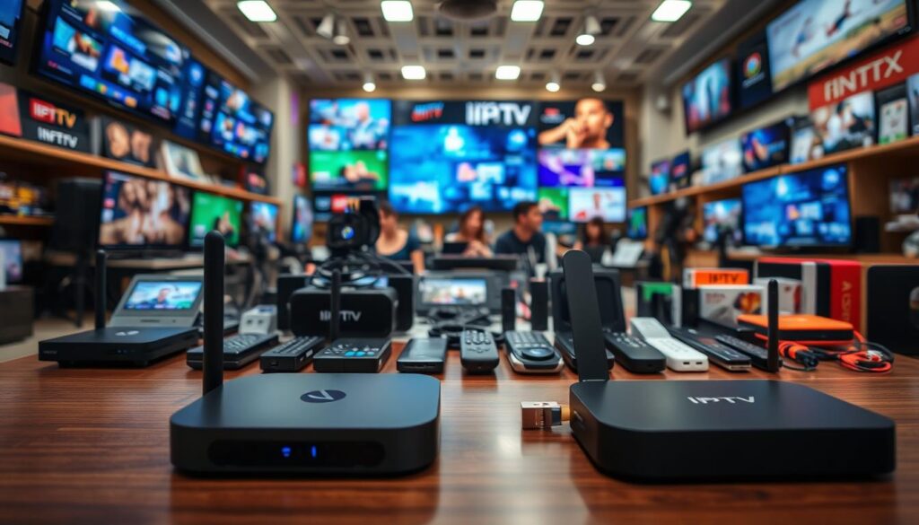 A bustling online marketplace scene featuring various IPTV devices available on AliExpress. Foreground showcases a modern IPTV set-top box and a sleek smart device, prominently displaying their functionalities. In the middle ground, a diverse selection of IPTV streaming devices, such as USB sticks and media players, are neatly arranged to illustrate variety. Background includes vibrant representations of digital screens streaming popular content, creating a dynamic atmosphere. The lighting is bright and inviting, highlighting the products effectively. Use a wide-angle lens for an expansive view, capturing the essence of digital shopping. The mood is energetic and informative, aimed at tech-savvy consumers exploring IPTV options. No text, logos, or branding should be visible in the image.