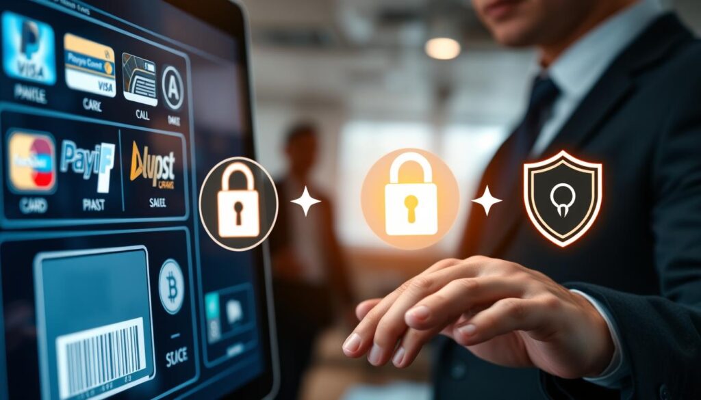 A close-up view of a sleek, modern digital payment interface, displaying various payment methods such as credit cards, PayPal, and cryptocurrency symbols on a glowing screen. The foreground features a professional-looking person in business attire, interacting with the interface, demonstrating security and confidence. In the middle ground, highlight icons of security features like a lock and shield, subtly glowing to convey safety. The background should include blurred silhouettes of a stylish office environment, evoking a sense of professionalism and trust. Soft, ambient lighting enhances the tech-savvy atmosphere, while a slight depth of field focuses on the interaction, creating an engaging and informative visual representation of payment options and security measures in the IPTV sector.
