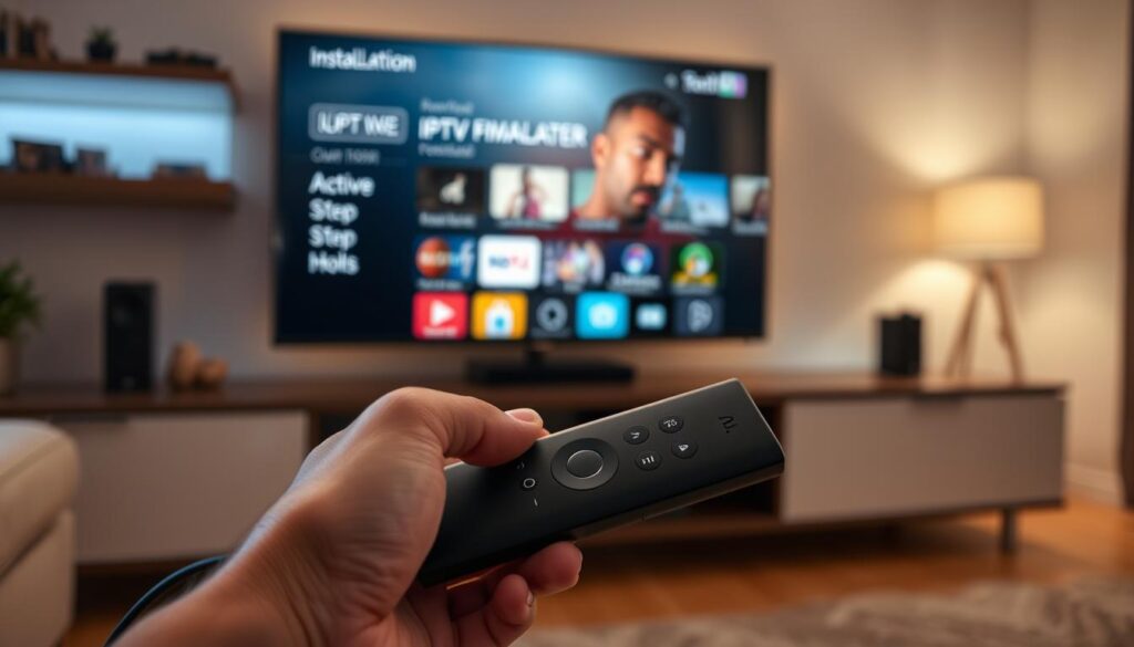 A close-up view of an Amazon Fire TV Stick plugged into a home entertainment system, with a sleek television in the background displaying the IPTV Smarters Downloader interface. The foreground features a pair of hands delicately navigating the Fire Stick remote, showcasing step-by-step installation. The setting is a cozy living room illuminated by soft, warm lighting to create an inviting atmosphere. The scene captures a modern, tech-savvy environment, with subtle reflections on the TV screen indicating an active installation process. The composition is focused on clarity, with a slight depth of field to emphasize the hands and the remote, while the background remains slightly blurred, enhancing the viewer's focus on the installation activity.