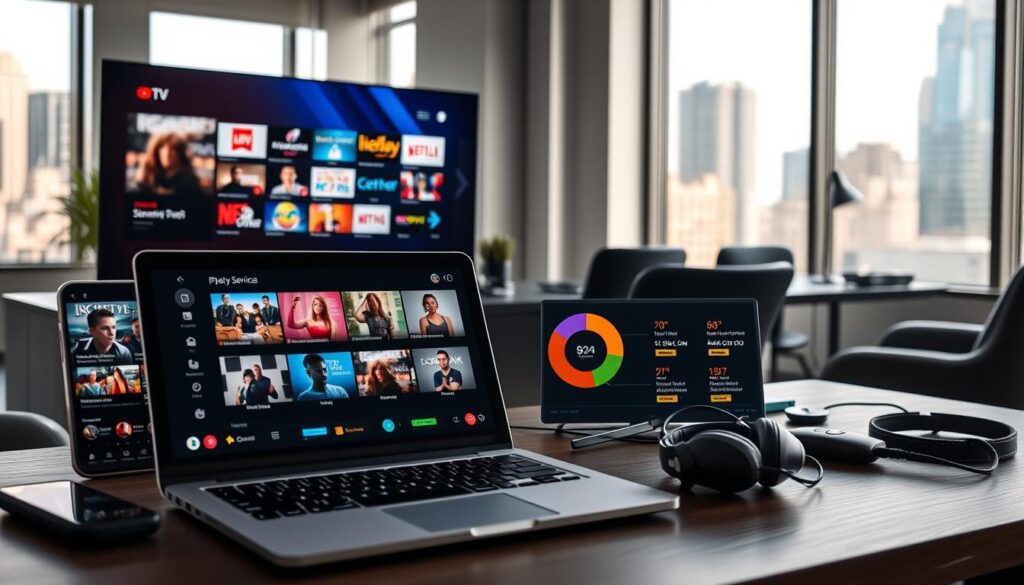 A comparison of IPTV services, showcasing a modern office environment. In the foreground, a sleek laptop displays streaming options with vibrant thumbnails of channels, indicating quality and availability. To one side, a smartphone shows a pie chart illustrating subscription plans and prices. The middle ground features a stylish desk adorned with tech gadgets related to streaming, such as a remote control and headphones. The background includes a large window with cityscape views, complemented by soft, natural lighting to create a professional and inviting atmosphere. The overall mood is informative and engaging, perfect for a technology-focused article. Use a wide-angle lens to capture the full scene with clarity.