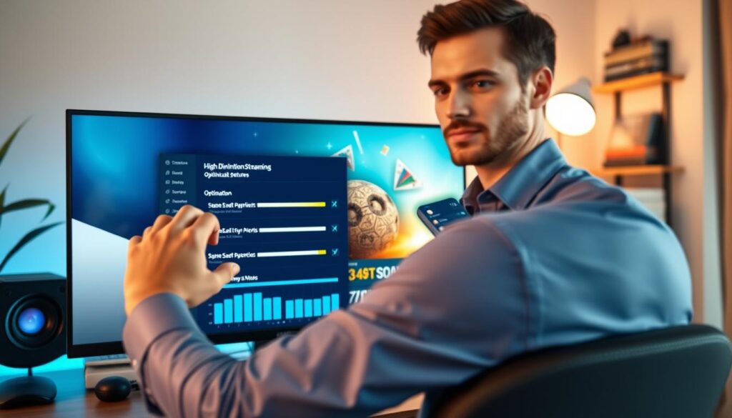 A cozy home office setting featuring a sleek, modern computer setup with a large monitor displaying high-definition streaming content. In the foreground, a professional individual dressed in smart casual attire is adjusting settings on a streaming application, emphasizing optimization features. The middle ground showcases a vibrant screen with visuals of pixelated graphics and streaming bars indicating performance metrics. In the background, soft ambient lighting creates a warm, inviting atmosphere, highlighting tech gadgets and books on streaming technology. The scene aims for a mood of productivity and technical proficiency, with a focus on enhancing streaming quality and performance on Windows 11, presented with a clear depth of field for visual clarity.