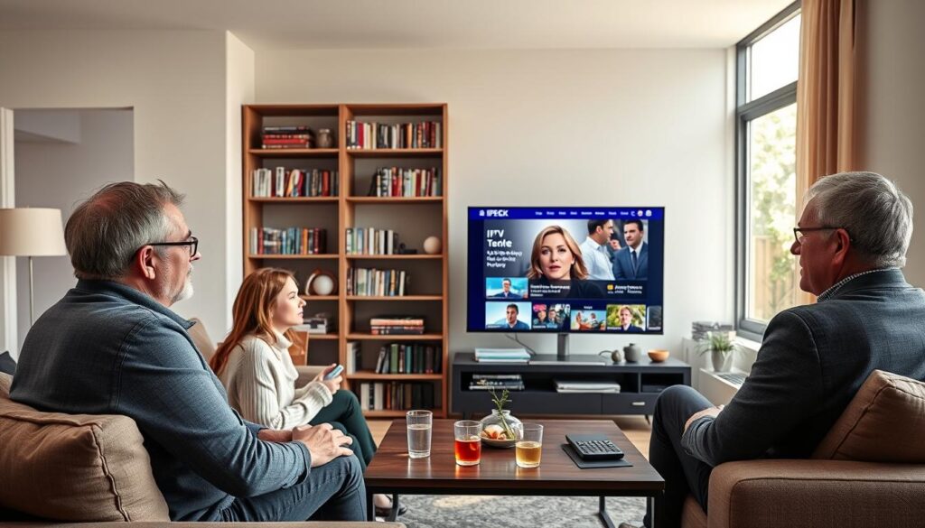 A cozy living room scene featuring a diverse group of three adults watching IPTV Greek on a large flat-screen TV. The foreground shows the individuals—one middle-aged German man in smart casual attire, a young German woman in a comfortable sweater, and a Greek man in professional attire—engaged and enjoying the content. The middle includes a stylish coffee table with refreshments and a remote control. In the background, a modern bookshelf lined with DVDs and books creates a warm atmosphere. Soft, inviting lighting casts a gentle glow, while a large window reveals a sunny day outside. The mood is relaxed and inviting, perfectly illustrating the theme of diverse programming options available through IPTV Greek for German viewers.