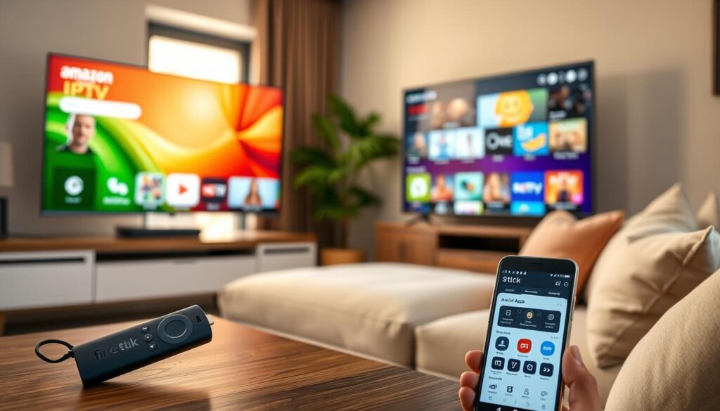 A cozy living room scene featuring a modern TV setup with an Amazon Fire TV Stick plugged into a sleek flat-screen television. On the screen, vivid graphics depicting various popular IPTV apps can be seen. The foreground includes a stylish coffee table with a remote control and a smartphone displaying an app installation interface. The middle ground features a comfortable couch with soft cushions, inviting you to enjoy a viewing experience. In the background, a window lets in warm, natural light, creating a welcoming atmosphere. The overall mood is tech-savvy and relaxed, ideal for family entertainment. The image should have soft, diffused lighting to enhance a friendly, inviting ambiance.
