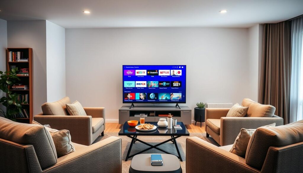 A cozy living room set up for streaming IPTV services focused on German television. In the foreground, a sleek modern smart TV displays a vibrant interface with a selection of popular German channels. There are a couple of comfortable armchairs positioned toward the TV, complete with a stylish coffee table holding snacks and drinks. In the middle, a subtle bookshelf filled with DVDs and books on German culture adds warmth. The background features a large window with soft natural lighting filtering in, complementing the soft tones of the room. The atmosphere is inviting and relaxed, perfect for enjoying a night of German entertainment, with an emphasis on a modern, tech-savvy lifestyle. The scene should be captured with a wide-angle lens to encompass the entire room.