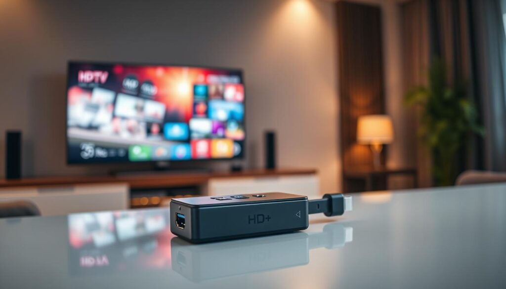 A detailed depiction of a HD+ IPTV stick resting on a sleek, modern desk. In the foreground, the stick is prominently displayed, showcasing its compact design with USB and HDMI ports clearly visible. The middle ground features a high-tech television screen turned on, displaying vibrant television graphics, while a remote control sits beside the stick. The background should be a stylish living room environment, softly illuminated with warm lighting to create a cozy atmosphere. The scene is captured with a shallow depth of field to emphasize the IPTV stick and television. Use a lens effect to create soft bokeh around the edges, enhancing the focus on the device and its connectivity options, invoking a sense of innovation and modernity.