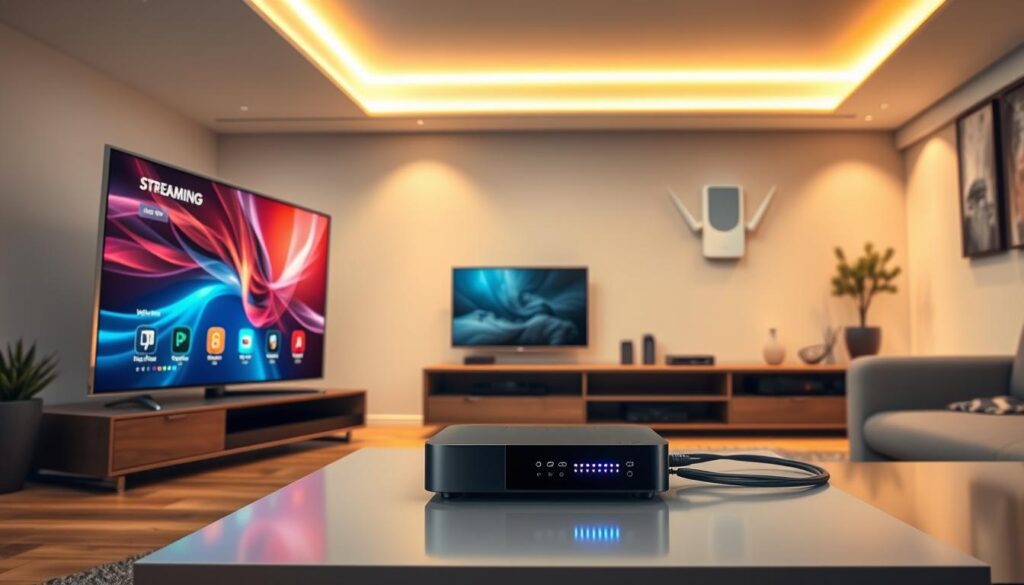 A detailed illustration of IPTV streaming technology, showcasing a modern digital environment in a sleek, high-tech living room. In the foreground, a large flat-screen TV displays a vibrant streaming interface, with clear symbols for high resolution and buffering status. In the middle ground, a stylish media console houses a high-performance IPTV set-top box, glowing with soft blue LEDs, surrounded by high-quality cables neatly organized. The background features a wall-mounted wireless router and aesthetic decor reflecting a comfortable yet sophisticated ambiance. The scene is illuminated by soft, warm lighting, casting gentle shadows to enhance the depth. The mood is focused and engaging, highlighting the seamless integration of technology in everyday life.