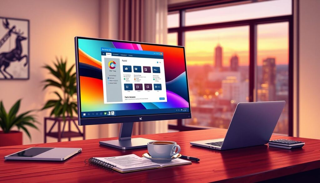 A detailed illustration of a computer screen displaying the IPTV Smarters Pro application in its installation setup on a Windows operating system. In the foreground, focus on the sleek monitor with vibrant colors reflecting the software interface, showcasing a user-friendly layout with functional buttons highlighted. The middle layer includes a well-organized workspace featuring a stylish laptop, a cup of coffee, and a notepad with technical notes. The background should portray a cozy, modern office environment with soft lighting creating a warm atmosphere, and the subtle glow of a window showing a cityscape outside at dusk. The overall mood is focused and professional, highlighting the ease of the installation process without any text or distractions.