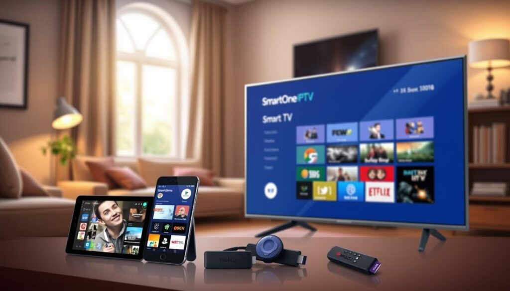 A detailed illustration showcasing the compatibility of SmartOne IPTV with various devices. In the foreground, display a sleek modern Smart TV with the SmartOne IPTV interface prominently visible. In the middle ground, include a smartphone and a tablet, both showing the app interface, along with a streaming device like a Roku or Amazon Fire Stick. The background should feature a cozy living room setting with soft ambient lighting, highlighting a window letting in natural light. Use a slightly angled view to create depth, ensuring the devices are all in focus. The atmosphere should convey a sense of convenience and modernity, appealing to tech-savvy users looking to understand device compatibility.