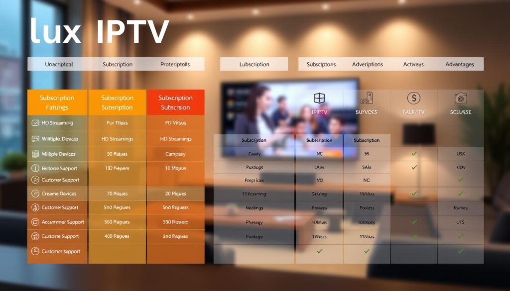 A detailed infographic representing the pricing and subscription models of lux IPTV, designed for a professional audience. In the foreground, include a visually appealing layout of various subscription tiers, each section distinctly colored and featuring icons for different features like "HD Streaming," "Multiple Devices," and "Customer Support." In the middle, display a sleek comparison chart that highlights the advantages of each plan, surrounded by minimalist icons. In the background, include a blurred image of a modern living room with a flat-screen TV showcasing a streaming interface, enhanced by soft, warm lighting to create an inviting atmosphere. The overall mood is informative and engaging, suitable for a tech-savvy readership in a professional context. A detailed infographic representing the pricing and subscription models of lux IPTV, designed for a professional audience. In the foreground, include a visually appealing layout of various subscription tiers, each section distinctly colored and featuring icons for different features like "HD Streaming," "Multiple Devices," and "Customer Support." In the middle, display a sleek comparison chart that highlights the advantages of each plan, surrounded by minimalist icons. In the background, include a blurred image of a modern living room with a flat-screen TV showcasing a streaming interface, enhanced by soft, warm lighting to create an inviting atmosphere. The overall mood is informative and engaging, suitable for a tech-savvy readership in a professional context.