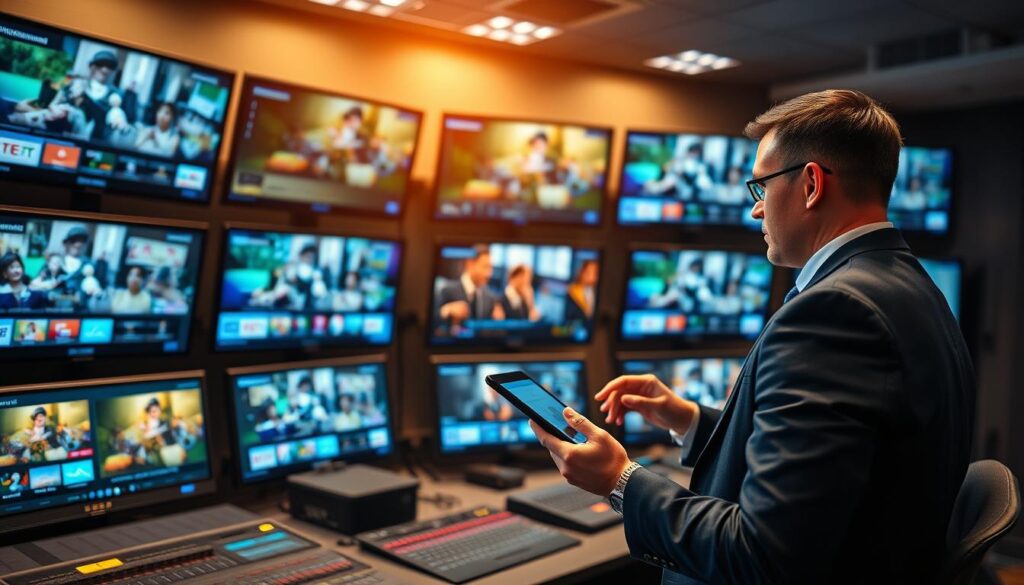 A detailed, modern control room with multiple high-definition screens displaying IPTV channels, showcasing diverse programming from Germany. In the foreground, a professional in business attire is analyzing data on a tablet, surrounded by technical equipment such as network routers and servers. The middle ground features sleek monitors with vibrant visuals of various channels, highlighting their quality and technical specifications, including resolution and bitrate information. The background is slightly blurred to emphasize the action in the foreground, with soft, ambient lighting to create a focused yet dynamic atmosphere. The overall mood is professional and cutting-edge, reflecting the innovation and technological sophistication of IPTV services.
