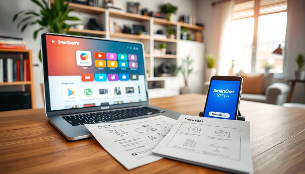 A detailed, modern workspace setup featuring a laptop displaying the SmartOne IPTV app's interface, with clear icons and vibrant colors, on a sleek wooden desk. In the foreground, a set of instructions printed on high-quality paper, with step-by-step visuals and diagrams for installation. A smartphone displaying the SmartOne IPTV logo is visible, symbolizing app download. The middle ground showcases a cozy, well-lit room with a large window letting in natural light, plants adding a touch of greenery, and a comfortable chair. The background has shelves filled with tech books and gadgets. The atmosphere is professional yet inviting, emphasizing a clear instruction focus with soft, ambient lighting, shot from a slightly elevated angle to capture the workspace layout effectively.