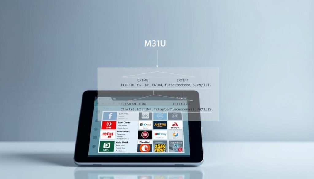 A detailed visualization of the structure of an M3U IPTV playlist file, presented in a professional and informative manner. In the foreground, show a digital tablet displaying a clear interface of an M3U playlist, with colorful icons representing various TV channels and metadata like channel names and stream URLs. The middle layer features a transparent overlay illustrating the hierarchical structure of the M3U file, with lines connecting elements like {EXTM3U}, {EXTINF}, and channel URLs, all in a modern, sleek design. The background consists of a subtle gradient with technological motifs, evoking a sense of digital innovation. Soft, ambient lighting highlights the tablet's screen, creating a calm and focused atmosphere, suitable for educational content.