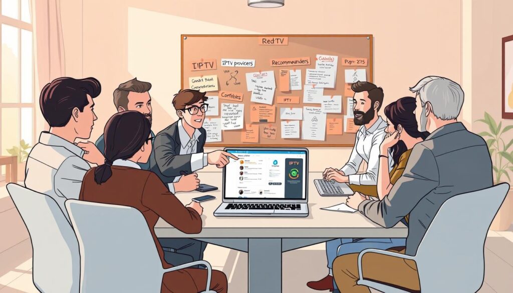 A digital illustration depicting a lively Reddit community discussion about IPTV providers. In the foreground, a diverse group of people, dressed in professional business attire and modest casual clothing, are engaged in a thoughtful conversation while seated around a modern conference table. One person is pointing at a laptop screen displaying IPTV options, while others listen intently, showcasing a range of emotions such as curiosity and caution. The middle ground features a large bulletin board filled with sticky notes, diagrams, and anonymized recommendations, emphasizing the collaborative nature of the conversation. In the background, a cozy, well-lit office space with soft natural light filtering through large windows creates a welcoming atmosphere. The overall mood is analytical and engaging, reflecting the cautious yet inquisitive spirit of the Reddit community.