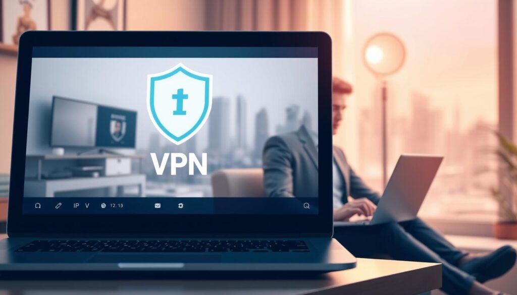 A digital illustration focusing on the theme of "Safety in Streaming with VPN." In the foreground, a modern laptop displays an interface of a streaming application, symbolizing IPTV technology, while a virtual shield icon hovers above to signify protection. The middle layer features a user, a young professional in smart casual attire, using the laptop with a focused expression, showcasing a peaceful workspace filled with minimalistic decor. In the background, a soft, blurred image of a city skyline can be seen through a window, representing connectivity and global reach. The lighting is warm and inviting, with a mix of natural light and soft artificial illumination, creating a secure and organized atmosphere. The overall mood is one of assurance and professionalism, emphasizing the importance of privacy and legality in using streaming services.