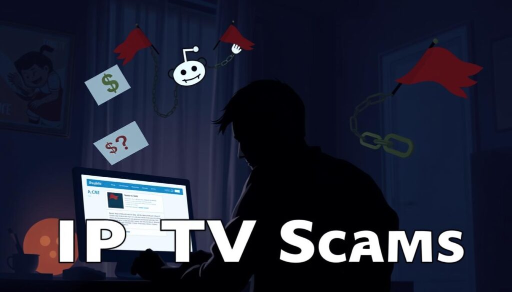 A digital illustration showcasing a dark, atmospheric scene depicting the concept of IPTV scams, specifically focusing on Reddit. In the foreground, a silhouette of a person sitting at a computer, illuminated by the glow of the screen, portraying a look of concern and confusion as they navigate questionable IPTV offers. In the middle, various exaggerated symbols of scams, like dollar signs, broken chains, and red flags, float around the computer to represent the risks associated with these scams. The background features a dimly lit room, with shadows creeping in, creating a sense of unease and caution. Soft, moody lighting enhances the atmosphere, while the angle is slightly tilted to evoke tension and uncertainty. The overall tone reflects a warning about the dangers of IPTV fraud, striking a balance between informative and visually engaging.